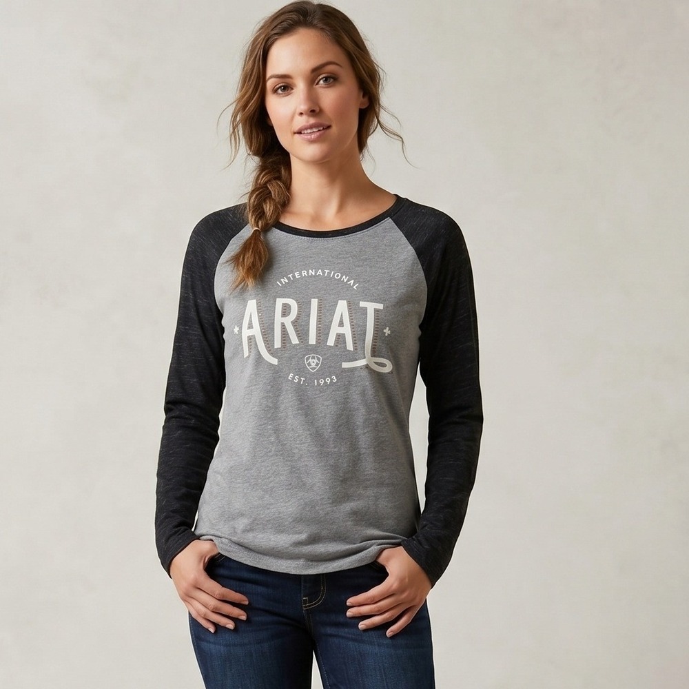 Ariat REAL Women L Large Baseball Tee Shirt Grey Black Raglan Long Sleeve Logo
